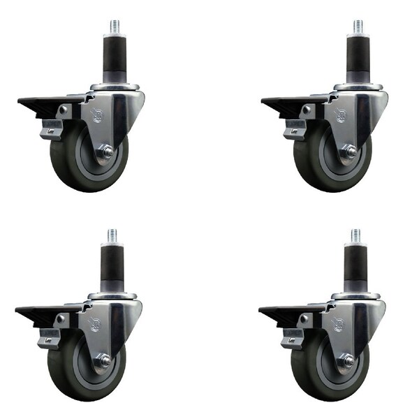 3.5'' Gray Poly Swivel 1-1/4'' Expanding Stem Caster Set with Brake, 4PK